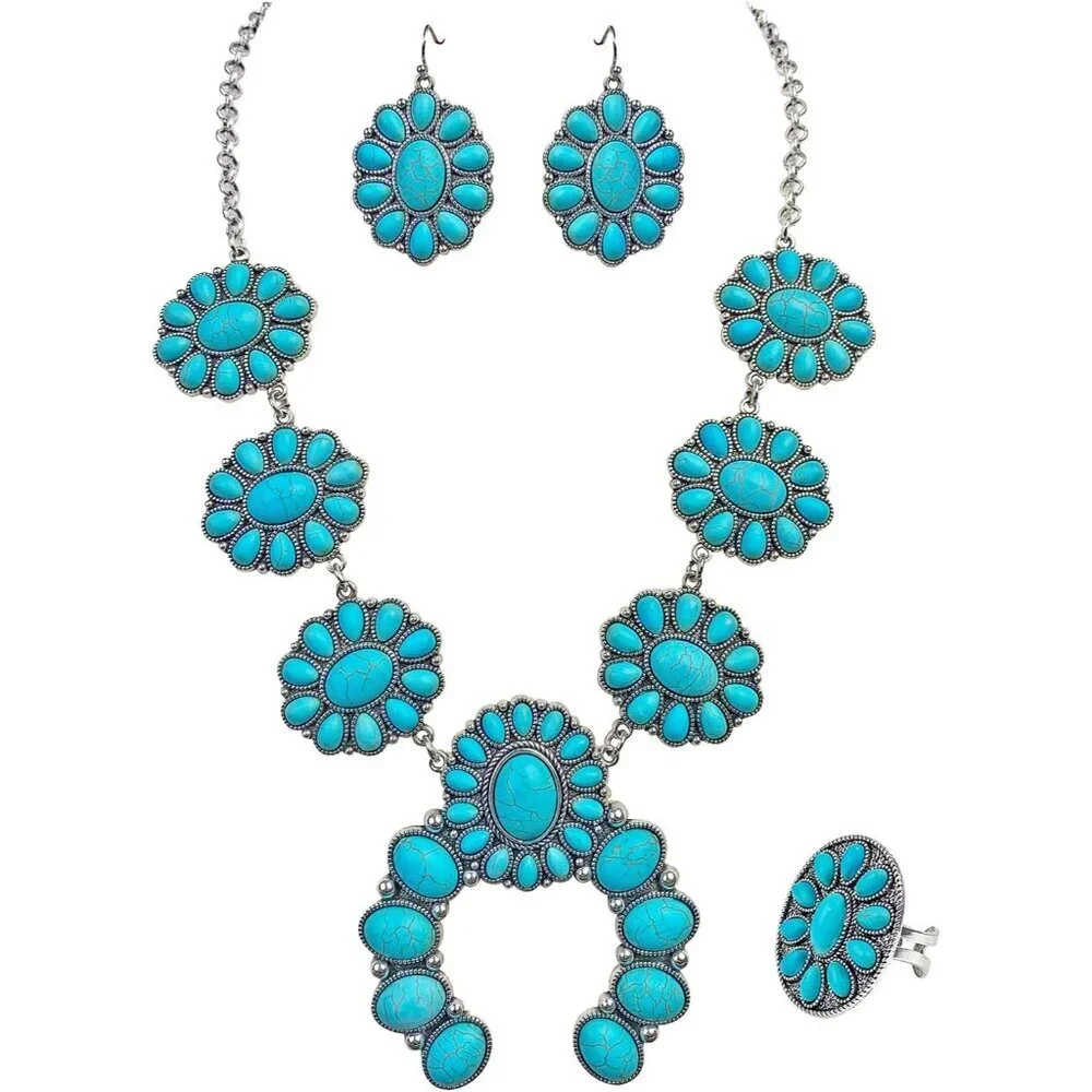 Chic Synthetic Turquoise Necklace with Matching Bohemian Earrings - Women's Set